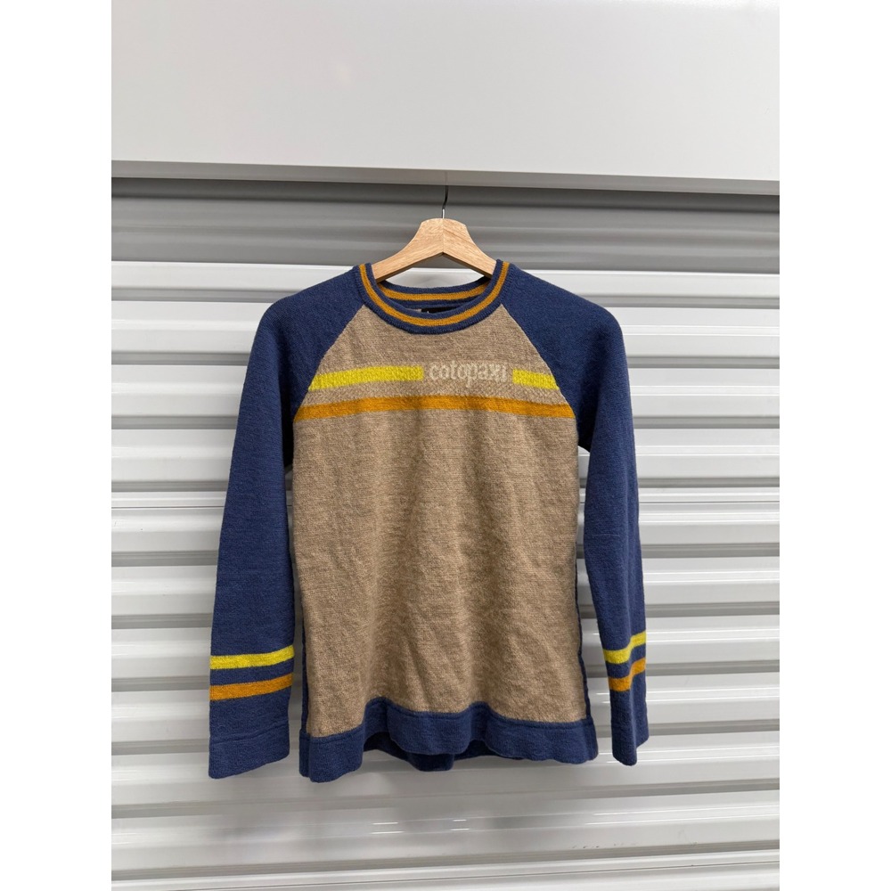 Cotopaxi Libre Sweater Womens Medium Tan Blue Striped Raglan Knit Llama Logo